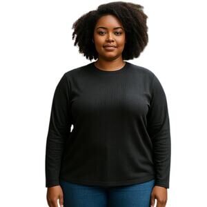 Rouge Collection Black Ribbed Long Sleeve Top Plus‎ Size One Size Fits XL to 2X